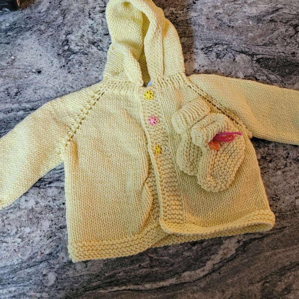 Pastel Yellow Knit Baby Hooded Sweater Handmade  And Booties